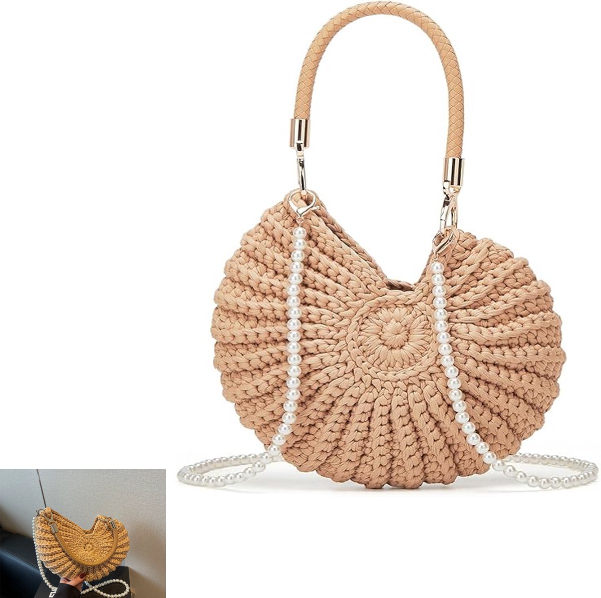 KZQ Gehaakte bohemian avondtas met schelpmotief - Zomer clutch en crossbody voor dames - Geschikt voor strand en feestelijke gelegenheden - Kaki