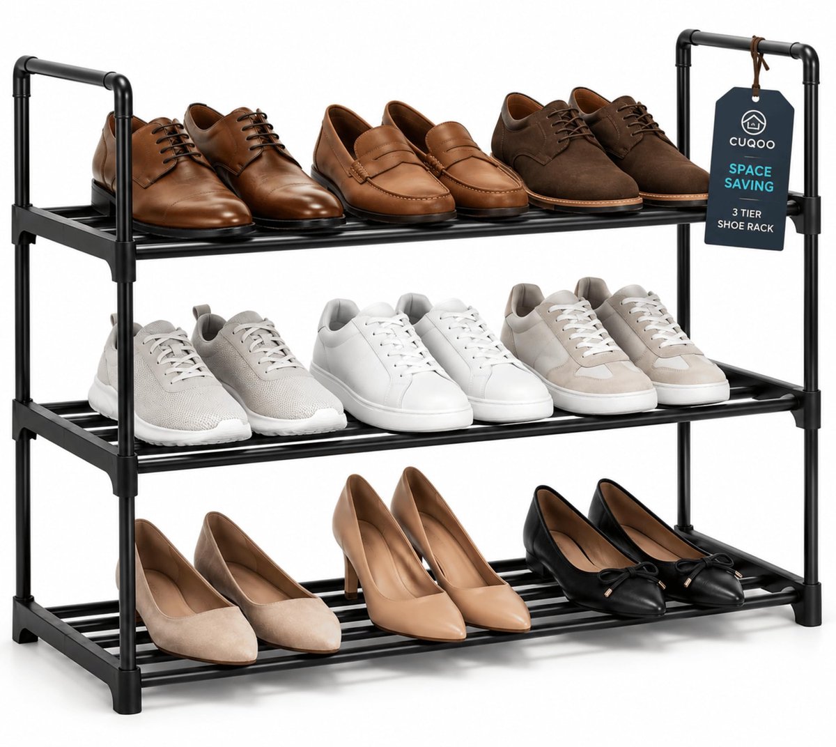SnelShoppen - Premium 3 Tier Heavy Duty Metalen Schoenenrek Zwart - Stevig Schoenenorganizer voor 15 Paar Schoeisel - Snelle Montage zonder Gereedscha