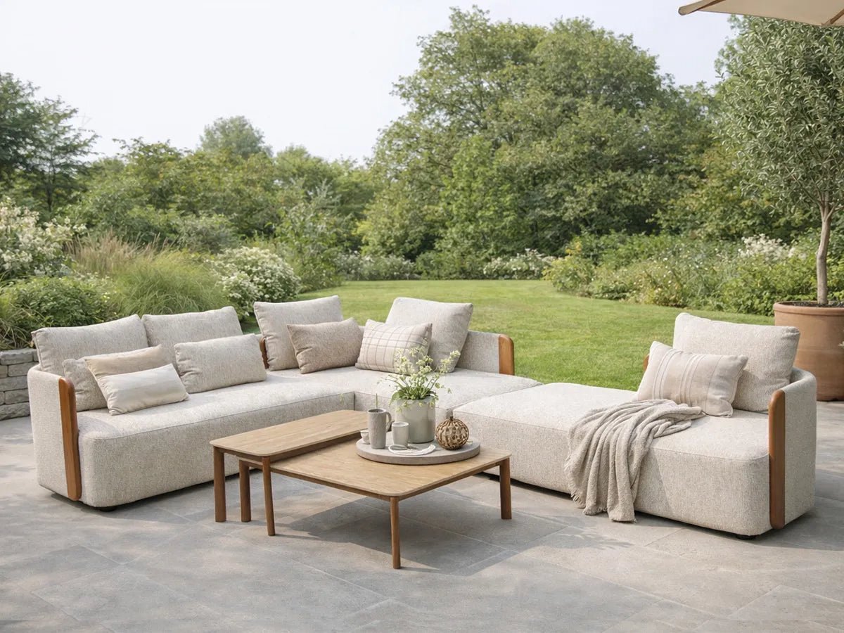 Fonteyn Loungeset Shira - 6-persoons Loungeset, Buitenzitgroep en Tuinmeubelset met Loungebank en Tafel - 315 x 90 x 84 cm - Aluminium - Geschikt voor Tuin, Terras en Balkon - Inclusief Kussens - Houtlook