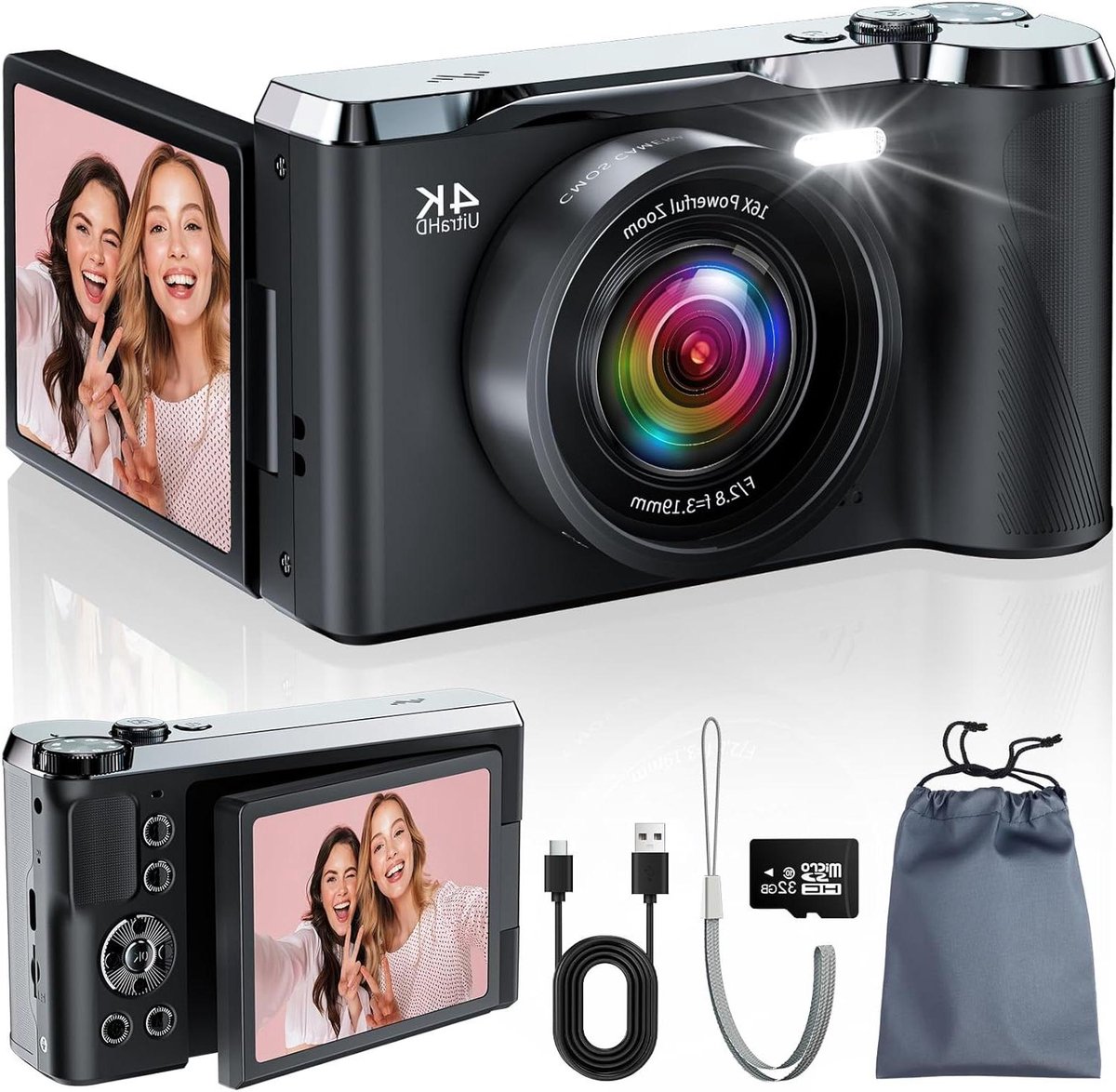 Digitale Camera - Vlog Camera - Herinneringen Vastleggen - 56MP Foto Resolutie - 3 Inch LCD - Zwart