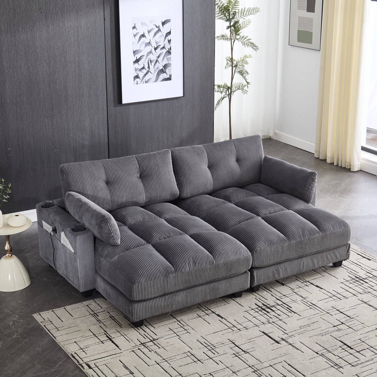 OKWISH Zitbank 224 Cm - 2-Zits Modulair Met 2 Kussens, 4 Bekerhouders En 4 Zijvakken - USB