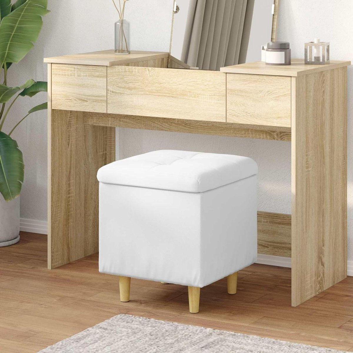 Opbergonderlegger - Zitbank met opbergruimte - Woonkamer organiseren - Gewatteerd oppervlak - 40 x 40 x 45 cm - Wit