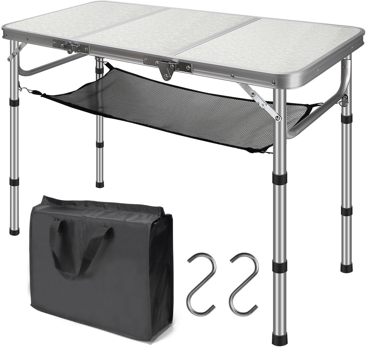 SnelShoppen - Draagbare Campingtafel Inklapbaar 90 x 40 cm, Hoogte Verstelbaar van 26-70 cm, Zwart, Met Net en Transporttas van MDF Aluminium, Voor 4