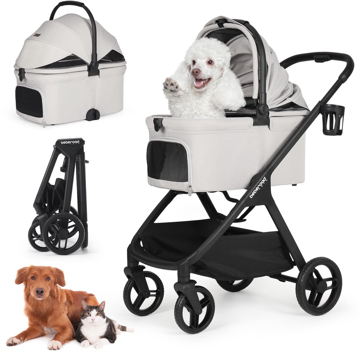 SnelShoppen - Beberoad Pets X-5 Huisdierbuggy voor Middelgrote Honden onder 25 kg of 2 Kleine Honden en Katten, Inklapbaar met Draagtas, Afneembare Gr