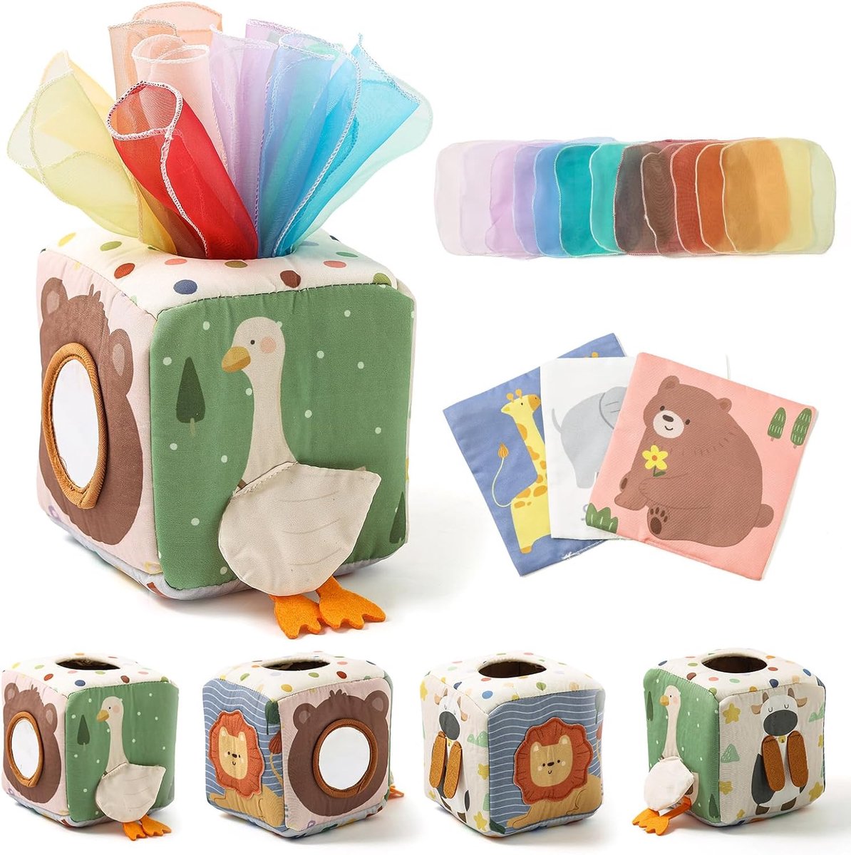 TEETHER Montessori Babyspeelgoed, tissuedoos, 6-12 Maanden Sensorisch Babyspeelgoed met Spiegel, Kleuren, Texturen, Vroeg Leren Speelgoed voor Kinderen