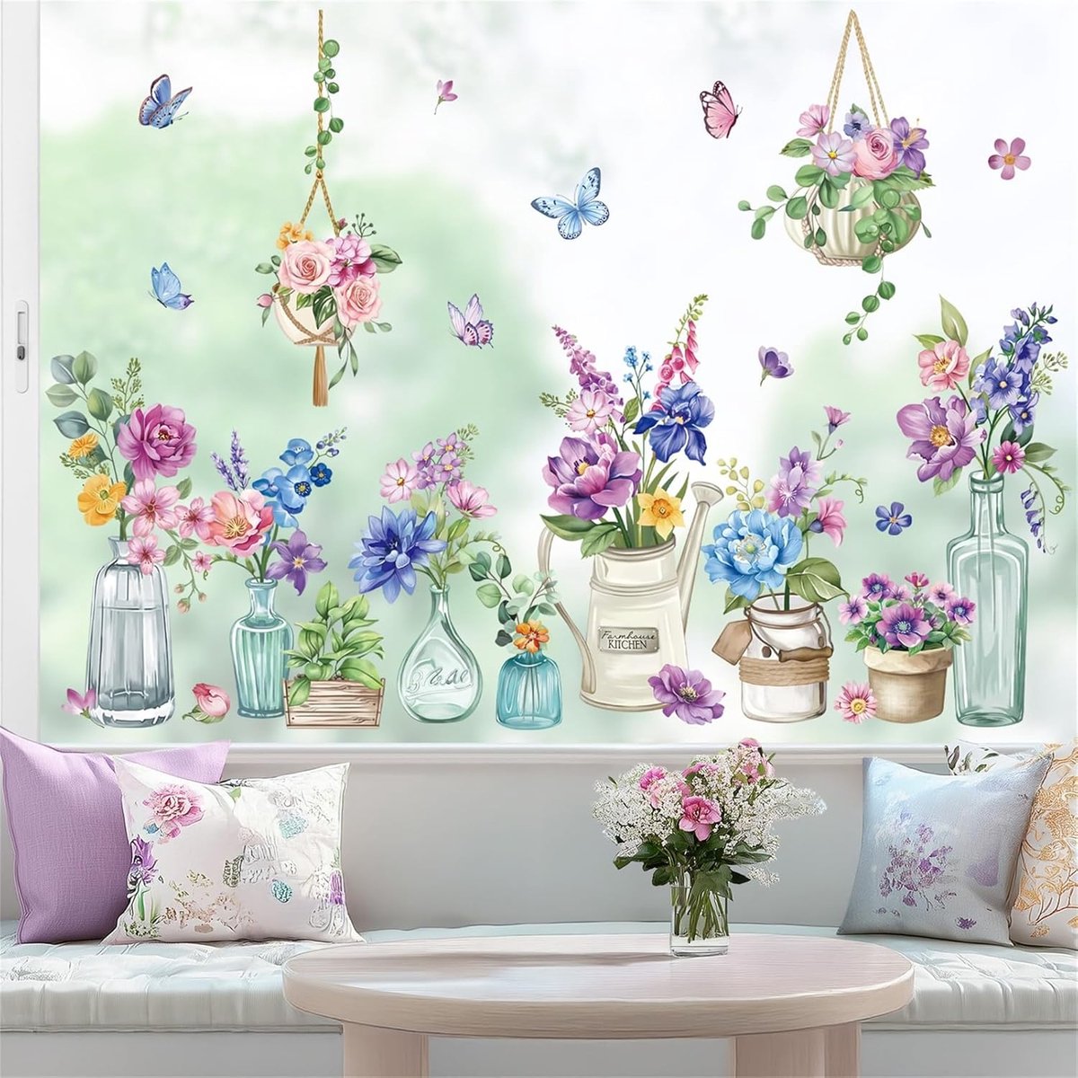 SnelShoppen - Lente Zomer Pot Bloemen Raamklampt Bloemvaas met Vlinders, Dubbelzijdige Statische Raamstickers van Glas voor Thuis Glasraam, Decoratie