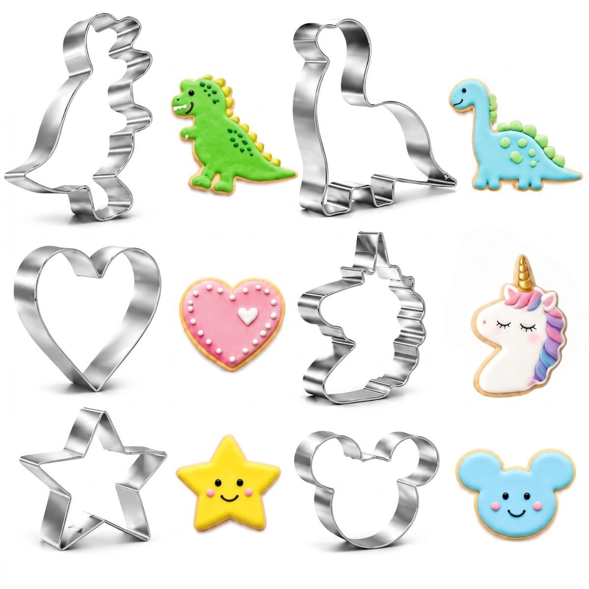 Dinosaurus, eenhoorn, muiskop, ster en hartvormen - roestvrijstalen koekjessnijders voor bakken, fondant, sandwich, kinderbakken