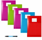 Schriften A4 Ruitjes 10mm - Met Kantlijn - Set van 5 stuks - Felle kleuren - Inclusief Cadebo Balpen