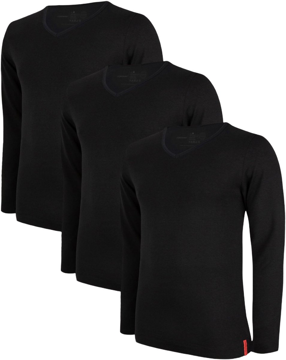 Undiemeister T Shirt Heren - Lange Mouwen - 3-Pack - Volcano Ash (Zwart) - Mellowood Tencel - Ademend en Temperatuurregulatie - Slim Fit T-shirt - Ronde Hals - Maat L