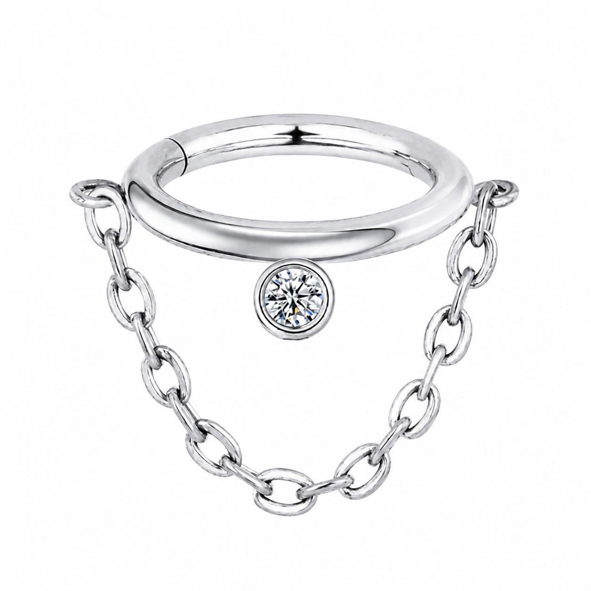 Segment Ring Helix Tragus Piercing met Kettinkje en Kristal – Clicker – Chirurgisch Staal – 8 mm – 1.2 mm