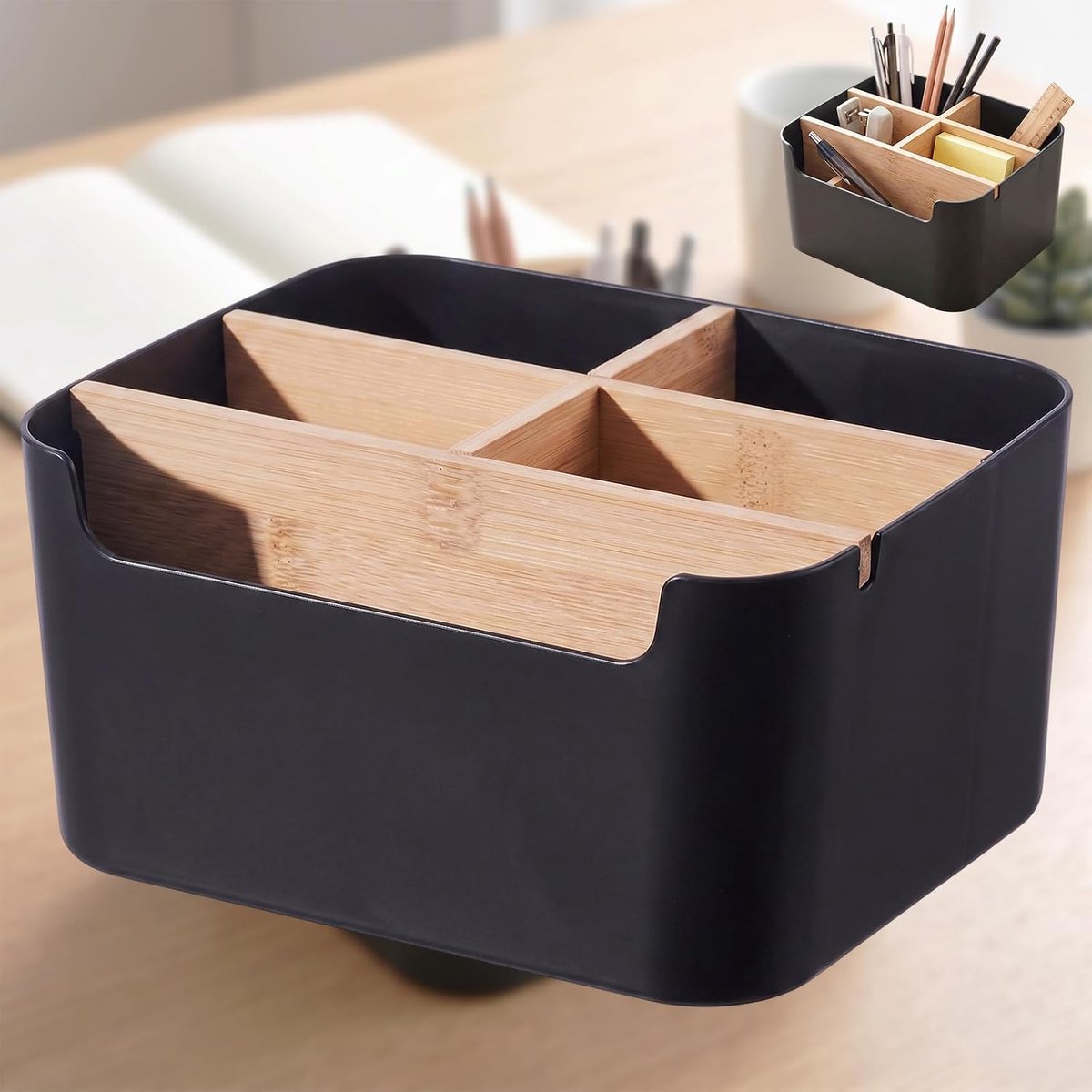 SnelShoppen - Desk Organiser, Houten Bureau Organiser, Bamboe Tafel Organiser, 5 Compartimenten, Pennenhouder, Bureau voor Kantoor, Slaapkamer, Woonka
