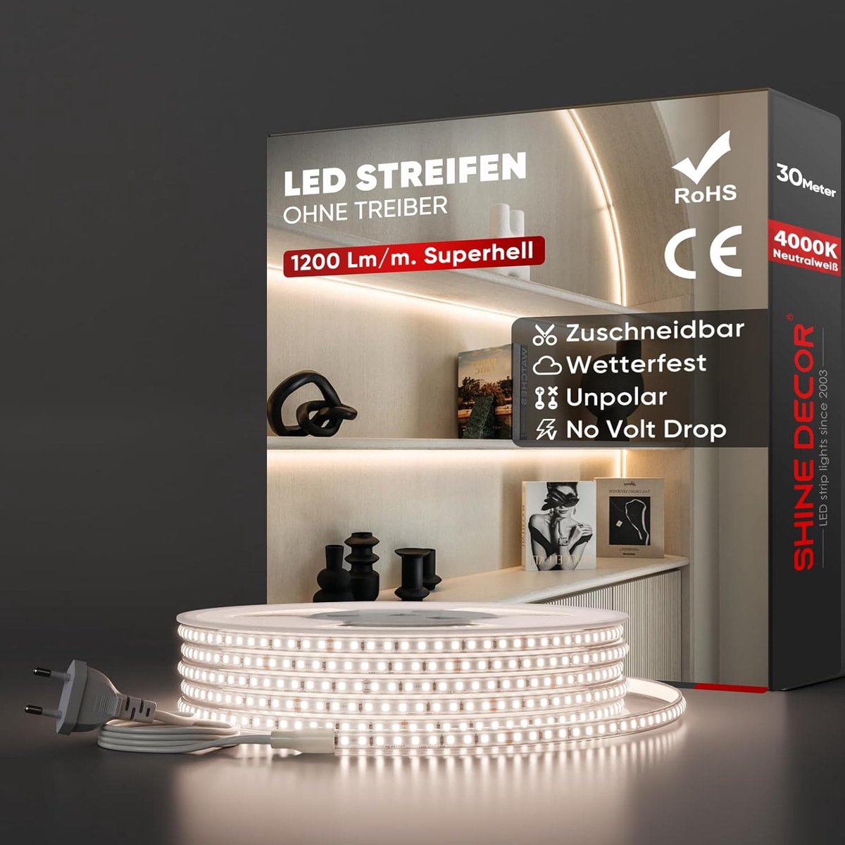 SnelShoppen - Shine Decor Ledstrip 30 m, IP65 Waterdicht, SMD 2835, 120 LEDs/m, Ultrahoge Helderheid, Neutraal Wit, Perfect voor Woondecoratie, Keuken