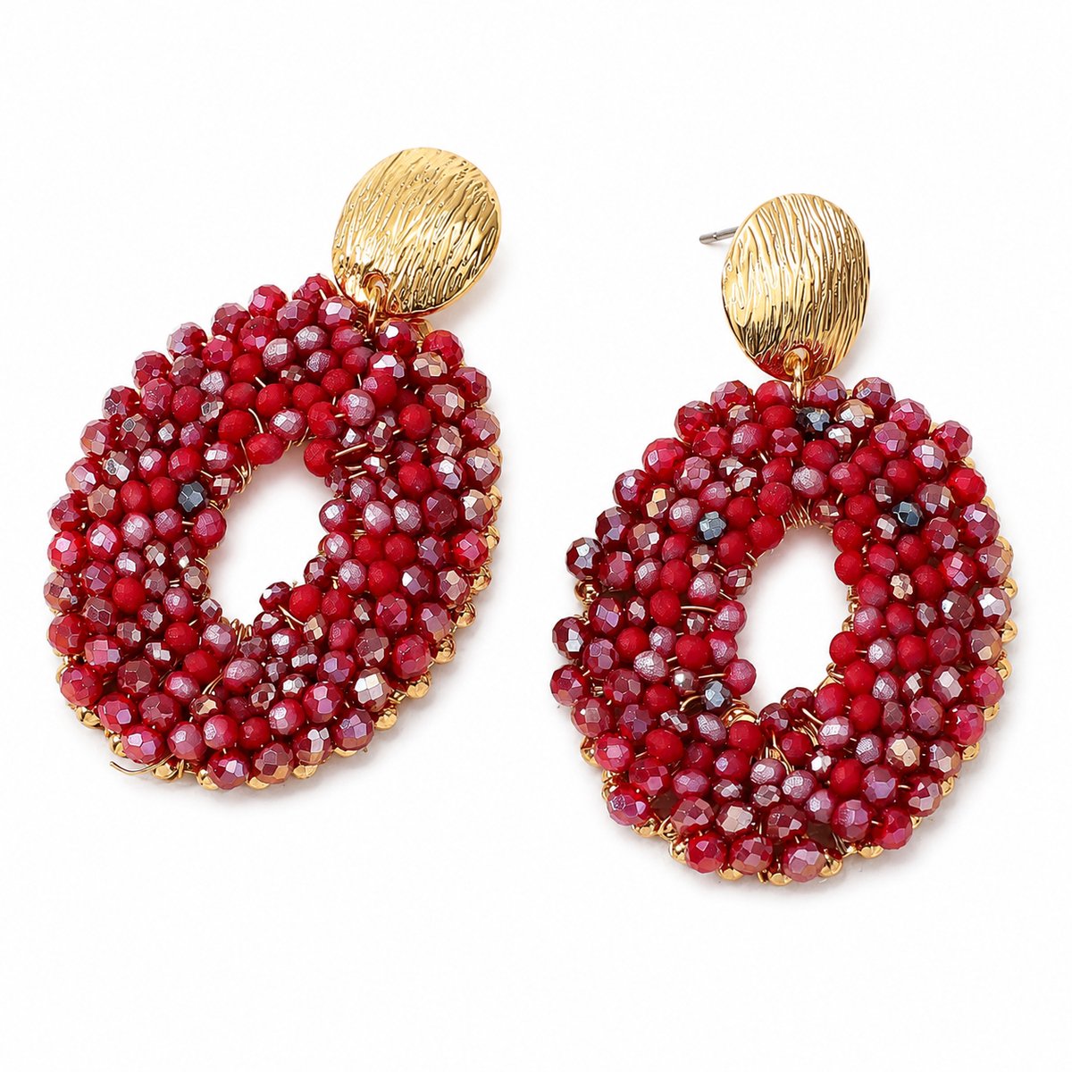 Luxamore® Oorbellen Dames Ovaal – Handgemaakte Oorhangers met Glaskralen en Stainless Steel – Rood Goudkleurig – Lichtgewicht Statement Drop Earrings – Cadeau voor Vrouwen