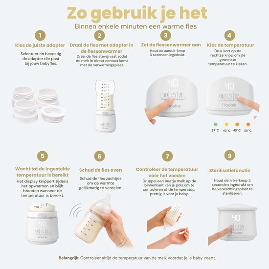 HOUBIE® - Flessenwarmer - Draagbare Baby Flessenwarmer voor onderweg - Flesverwarmer - 4 Temperatuurniveaus - Draadloos - Inclusief 4 Adapters - USB Oplaadbaar - 9000 mAh - Wit van HOUBIE — afbeelding 3