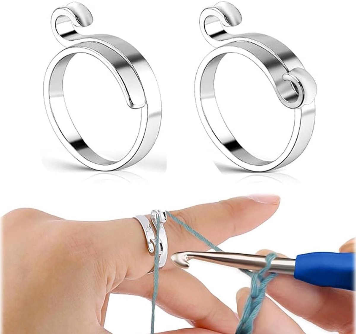 2 stuks verstelbare zilveren breinaalden, Deze metalen geweven ringen dienen als open vingerhouders en zijn geschikt voor vingerringen, breien en haken