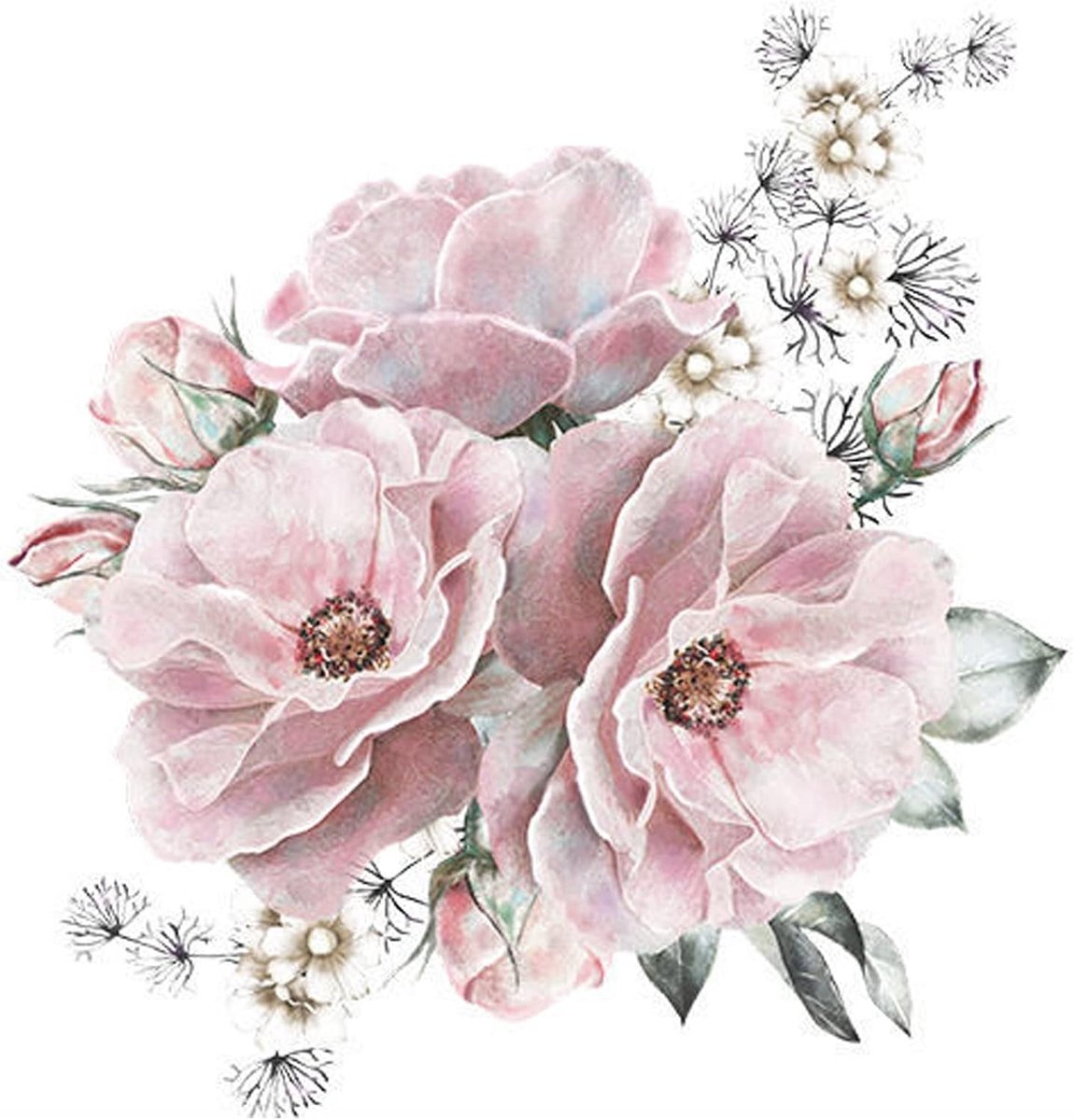 Muurtattoo, grote bloemen, zachtroze, muursticker, pioenroos, bloemen, waterdicht, wandtattoo, pioenroos, vintage, muursticker, wanddecoratie voor woonkamer, slaapkamer, 44 x 42 cm