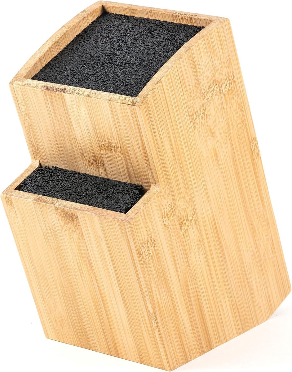 Messenblok, messenhouder zonder mes uit hout, messenplank aan beide zijden, vierkant schuin