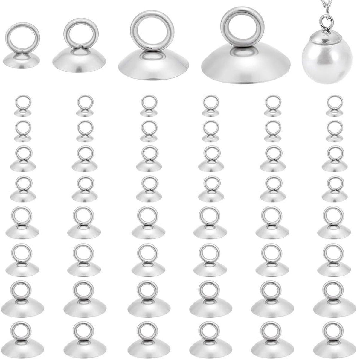Beugelkappen voor hangers, 80 stuks, 4 maten, roestvrij staal, kogelglas, bubbelafdekking, hanger, verbindingsstukken, parelkappen voor het maken van sieraden, accessoires, doe-het-zelvers