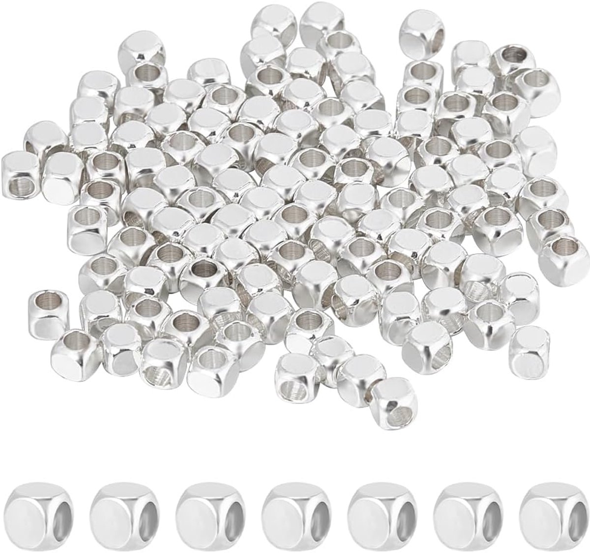 160 stuks kubusvormige afstandskralen, 925 sterling zilver, messing kralen, vierkante gladde afstandskralen, stapelbare metalen mini-kralen, hoekloze kralen voor de zomer, Hawaii-armband,