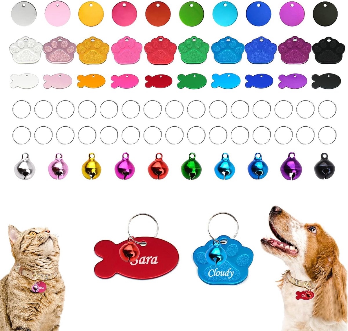 huisdier ID-tag, 30 stuks kleurrijke lege hondenlabels blanco ID-tags aluminium ronde vis schattige poot huisdier tag en 10 stuks bel hangers stempelen lege schijven met gat voor honden