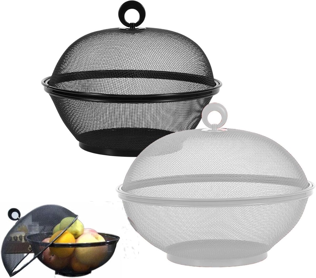Fruitmand met deksel - Snacks fruitkom - Metalen gaasmand Korfmand Bedekte fruitkom met gaas voor fruit, groenten, snacks - (zwart + wit; 2 sets totaal)