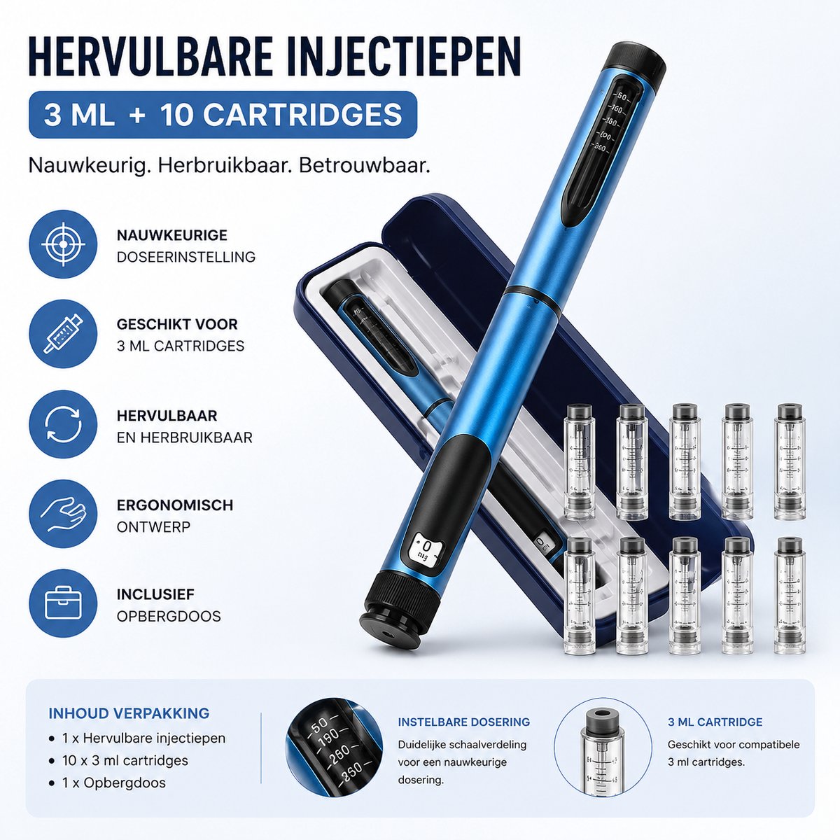Hervulbare Injectiepen 3 ml + 10 Cartridges | Herbruikbare Doseerpen | Inclusief Beschermetui