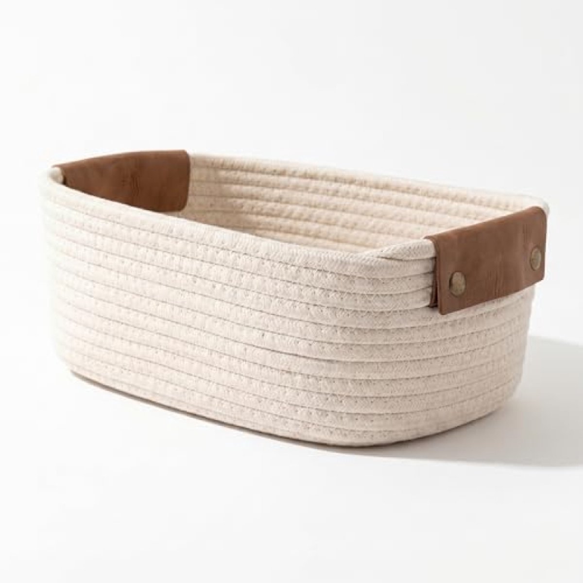 Opbergmand Katoen Gevlochten Beige Klein - 28x17x11 cm - Afneembare Leren Handvatten - Wasbaar Mandje voor Badkamer & Commode - Huis Geluk