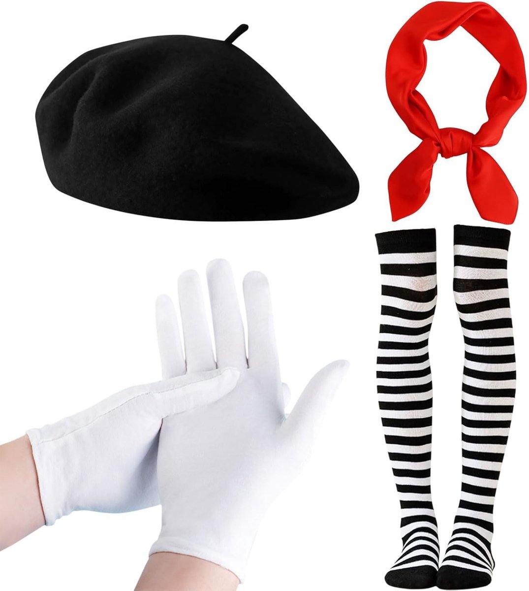 Vierdelig Franse Mime Kostuum voor Mannen en Vrouwen - Inclusief Beret, Handschoenen en Sokken voor een Authentieke Mime Look