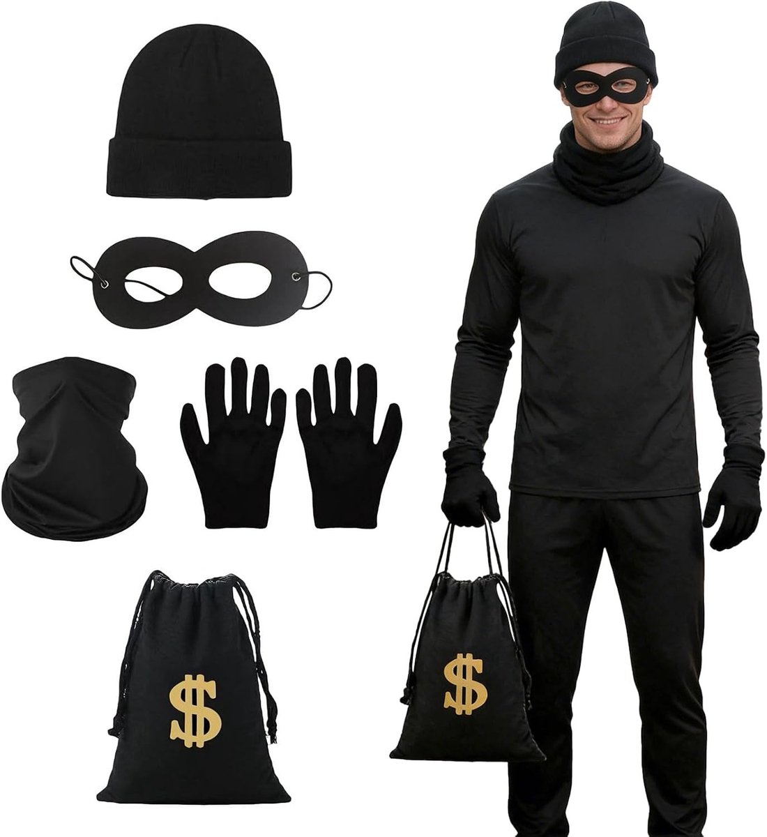 Volwassen Rover Kostuum - Inclusief Zwarte Hoed, Masker, Sjaal, Geldzak en Handschoenen - Ideaal voor Halloween, Carnaval en Themafeesten