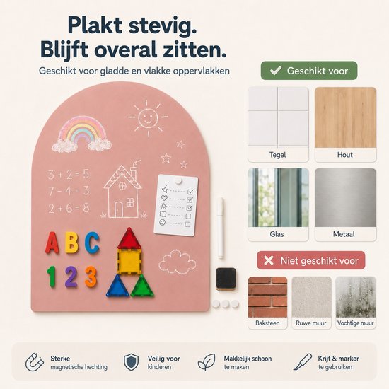 Roze gebogen magneetbord met leerzame afbeeldingen en tekst, geschikt voor gladde oppervlakken.