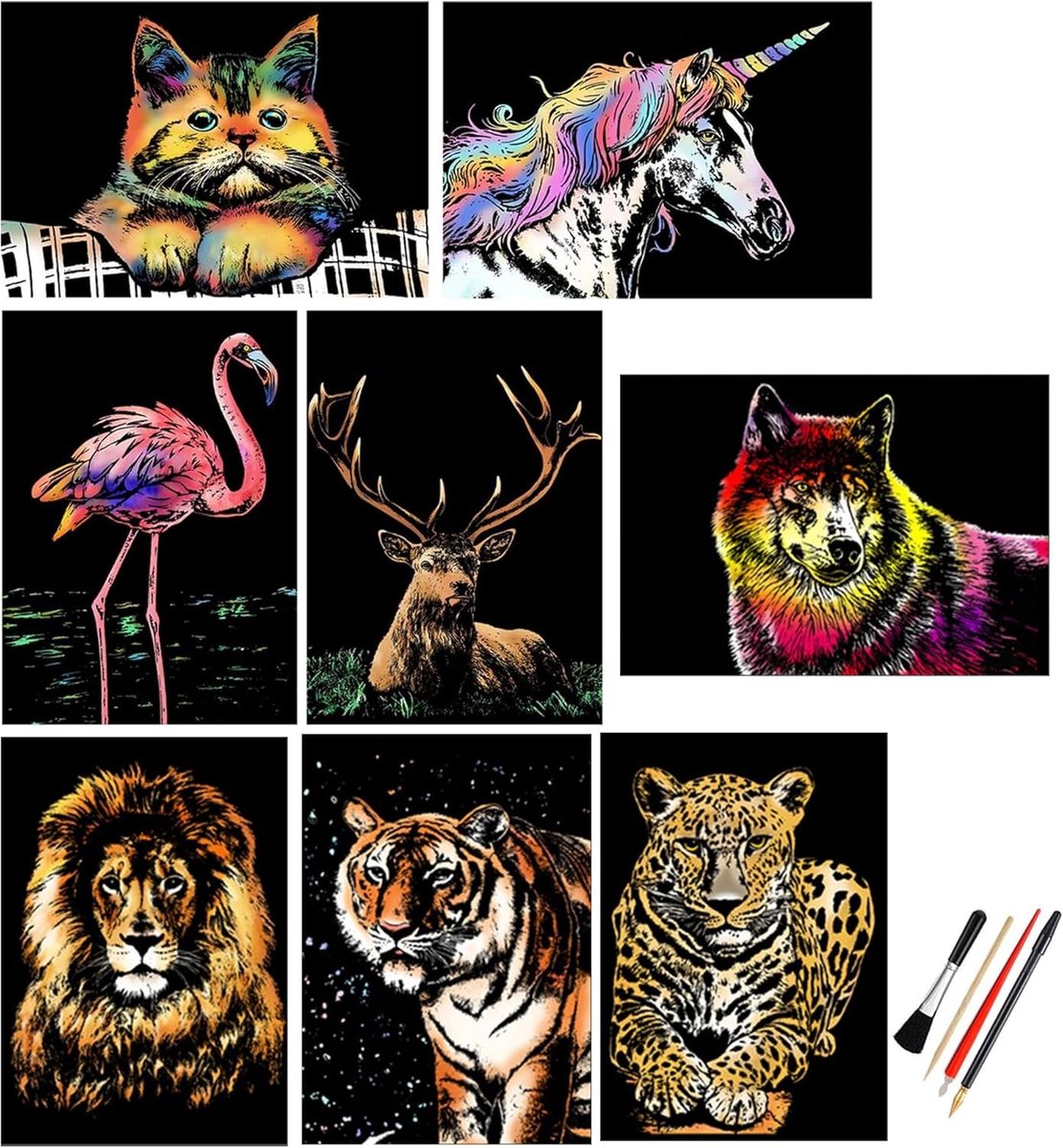 Creatieve Scratch Art Set voor Volwassenen - 8-Piece Regenboog Schilderen en Graveren met Dieren Thema