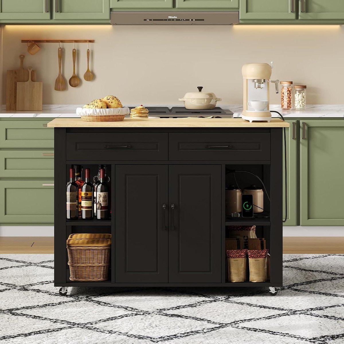 Keuken Eiland - Verrijdbaar Werkblad - Extra Werkruimte - Met Stopcontacten - 120x77x93CM - Zwart