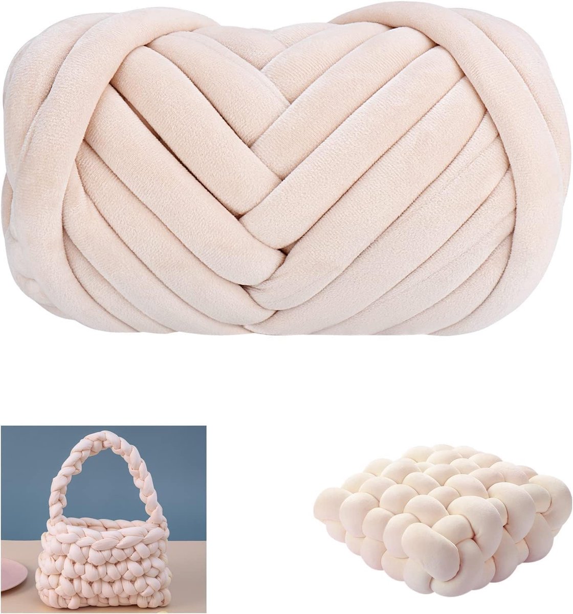 500 g/25 m, Chunky XXL Wolle zum Handstricken, Chunky Garn Schlauchgarn Häkelwolle, Bulky Armstricken Isländische Wolle, für Anfänger, Decken, Tasche, Handstrickgarn (Beige)