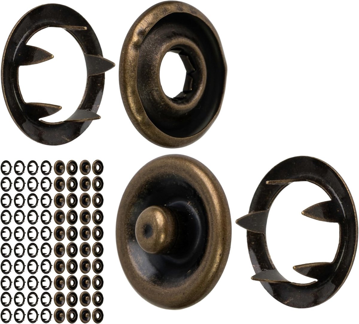 Drukknopen-set, Ø 18 mm buitenwerks, 20 paar, in brons, gemaakt van messing, set zonder tang, drukknopen voor kleding, handwerk, doe-het-zelf project, gekartelde ring drukknopen