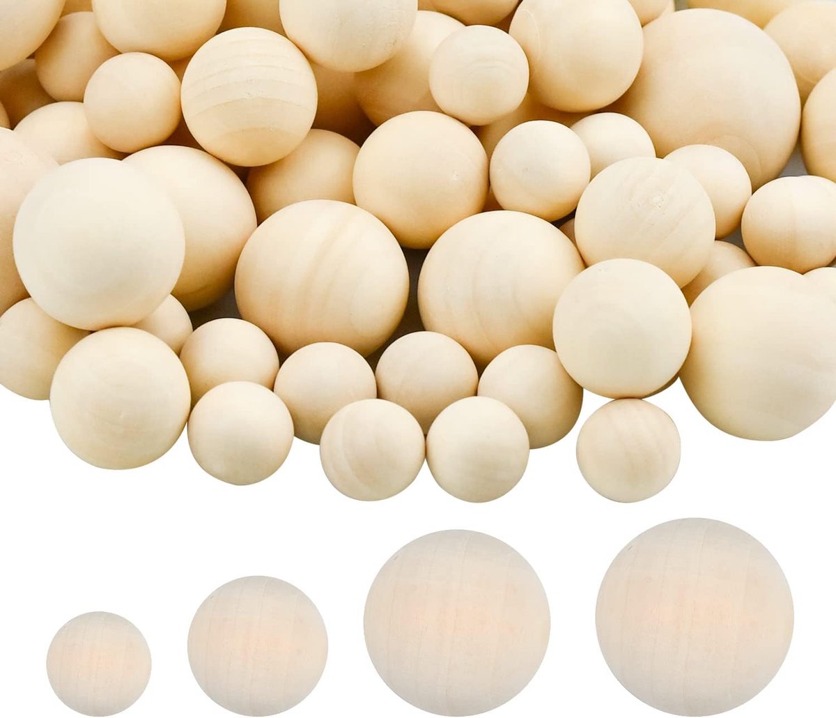 65 stuks houten ballen, houten knutselballen, zonder boring, 15 mm, 20 mm, 25 mm, 30 mm, voor doe-het-zelf knutselen en beschilderen