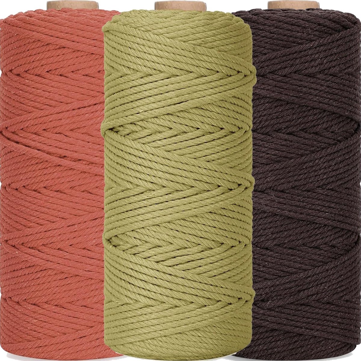 3 stuks macramégaren, 3 mm x 100 m, kleurrijk macramékoord, doe-het-zelf natuurlijk garen, katoenen koord, katoenen koord voor wandplanten, handwerk, rood, kaki, bruin
