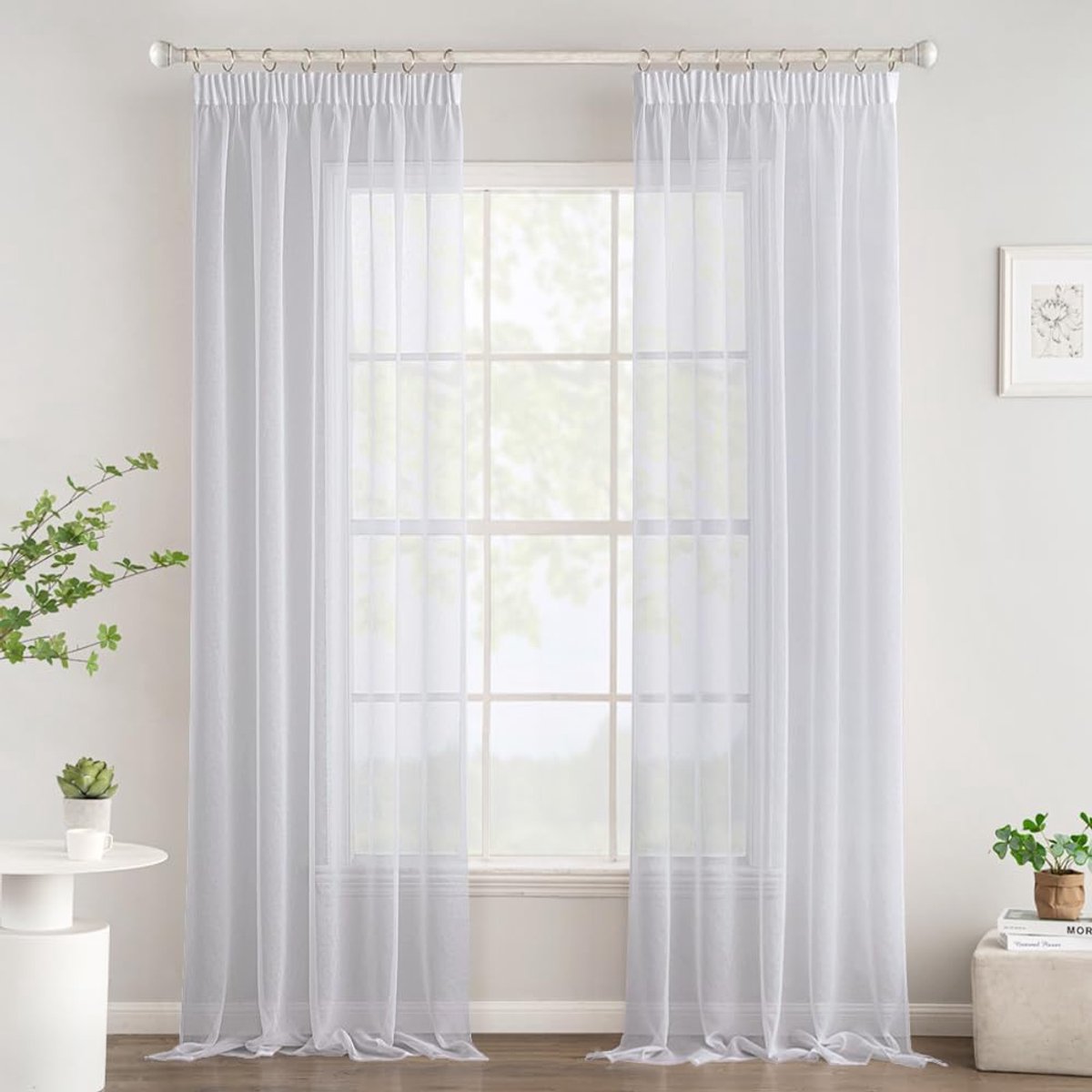 transparante raamgordijnen, vitrage met plooiband, moderne decoratieve gordijnen voor slaapkamer, woonkamer, huis, set van 2, 140x200cm, wit