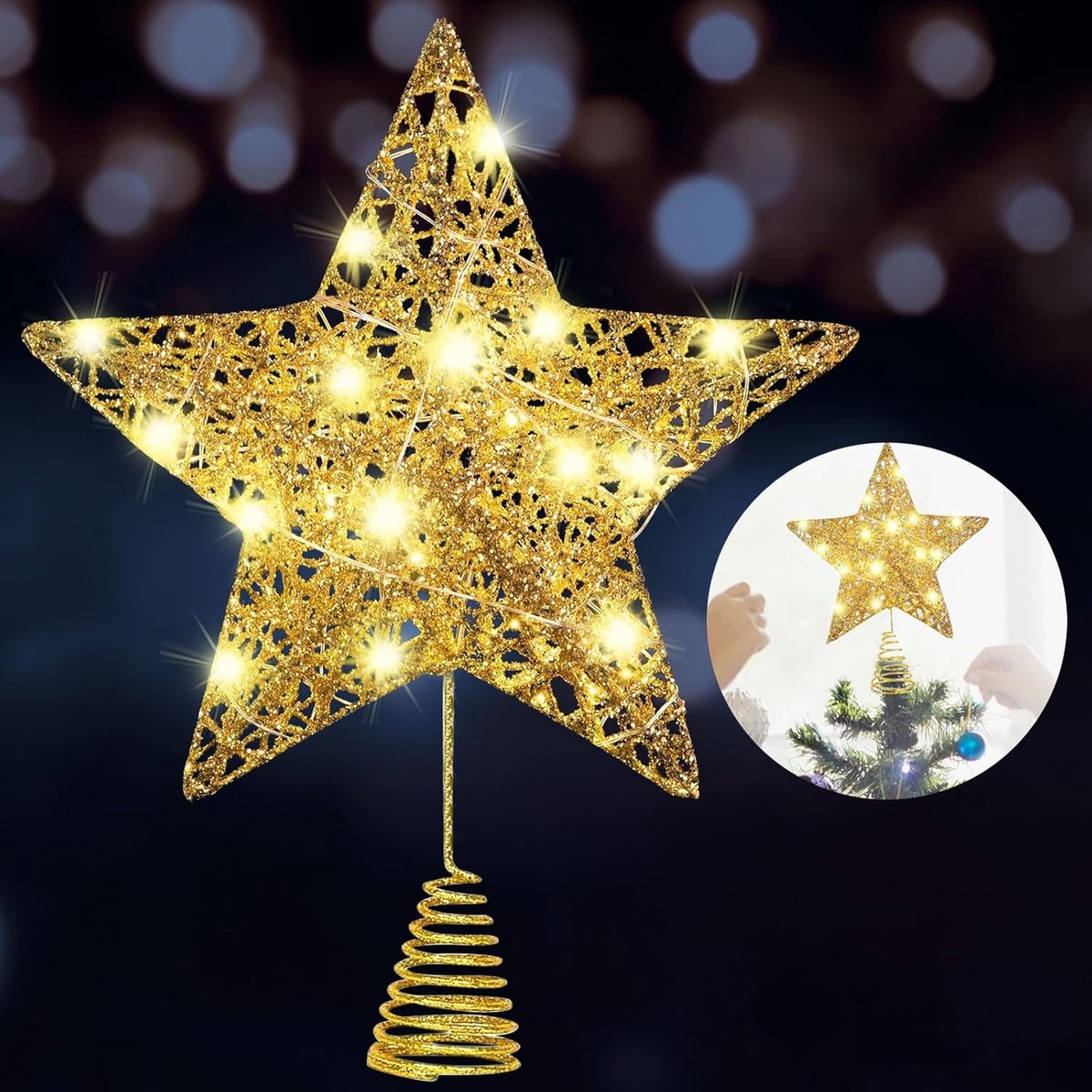 Kerstboompiek, ster, gouden kerstboompiek, ster, gouden kerstboompiek, ster, led, glinsterende kerstdecoratie, led, Kerstmis, voor feestdecoratie