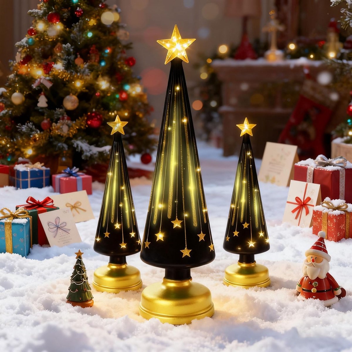 3 Stuks Night Starry Trees - Hars Kerstboom met Lampjes, Kerstboomlampjes, Kerstboom Nachtlampjes, Christmas Tree Night Light, Kerstboomhars Decoratie voor Woonkamer, Feest, Bureau, Slaapkamer (Zwart)