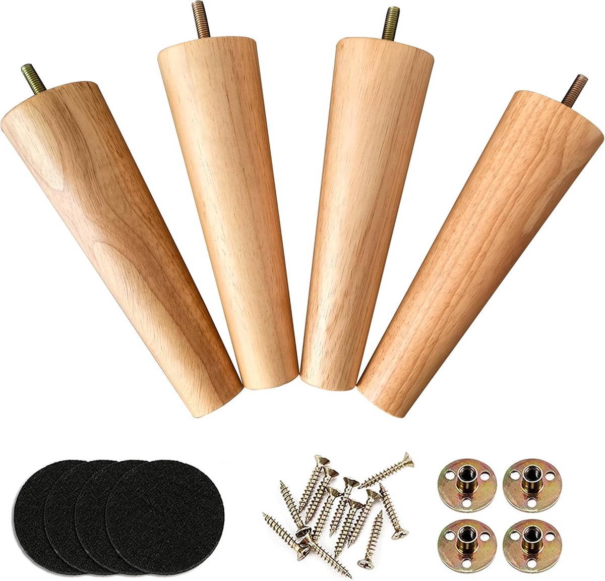 Poten 15cm, houten meubelpoten, poten voor meubels, bankpoten set van 4 met Rubber Protection Pad & Schroeven Voorgeboorde M8 Bouten (6"/15cm)