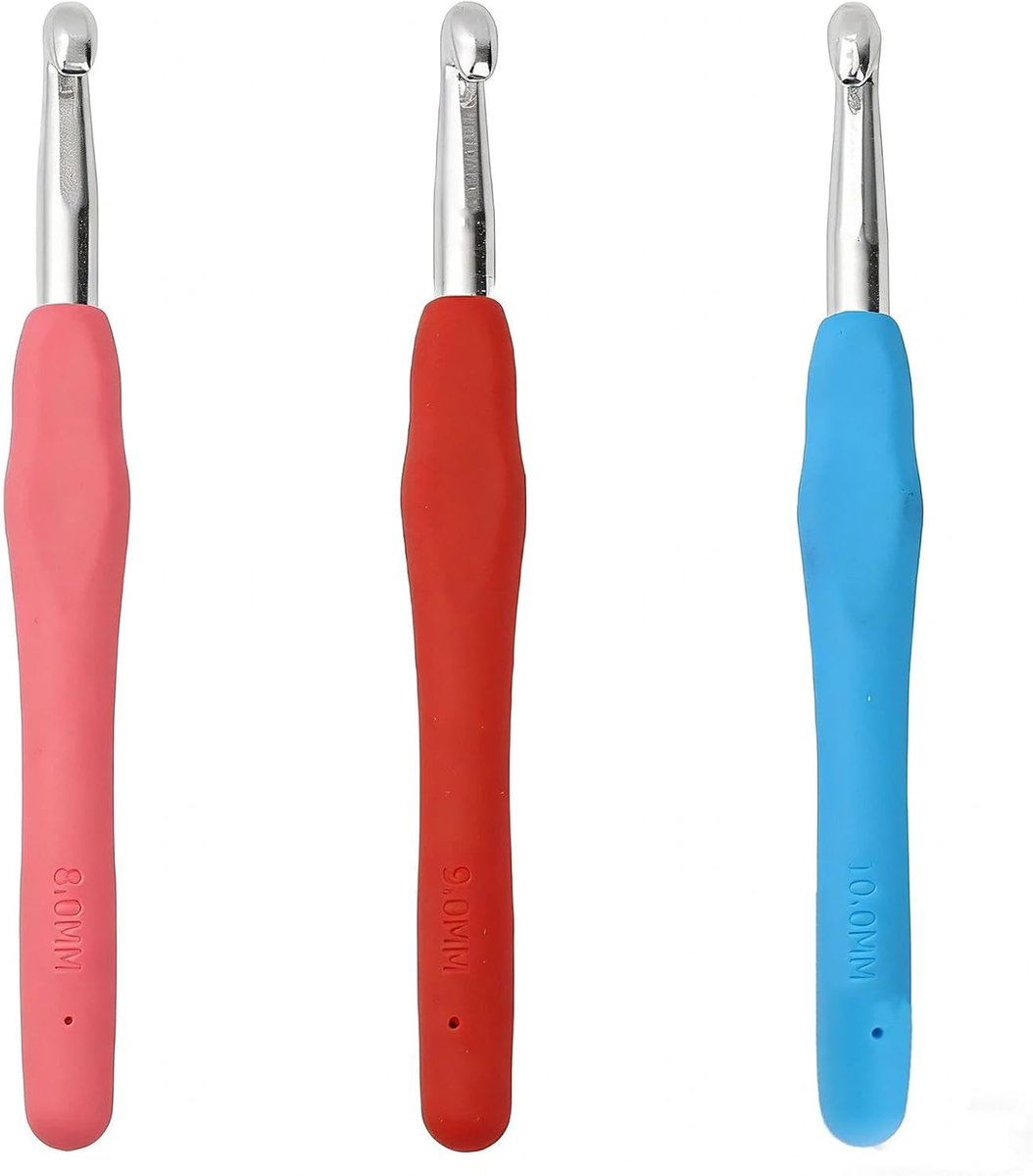 Haaknaalden, 8,0 mm, 9,0 mm, 10,0 mm, kleurrijk breien, haken, hoogwaardig aluminium, ergonomische breinaald met zachte grip voor garenhandwerk, geschikt voor beginners en haakgaren