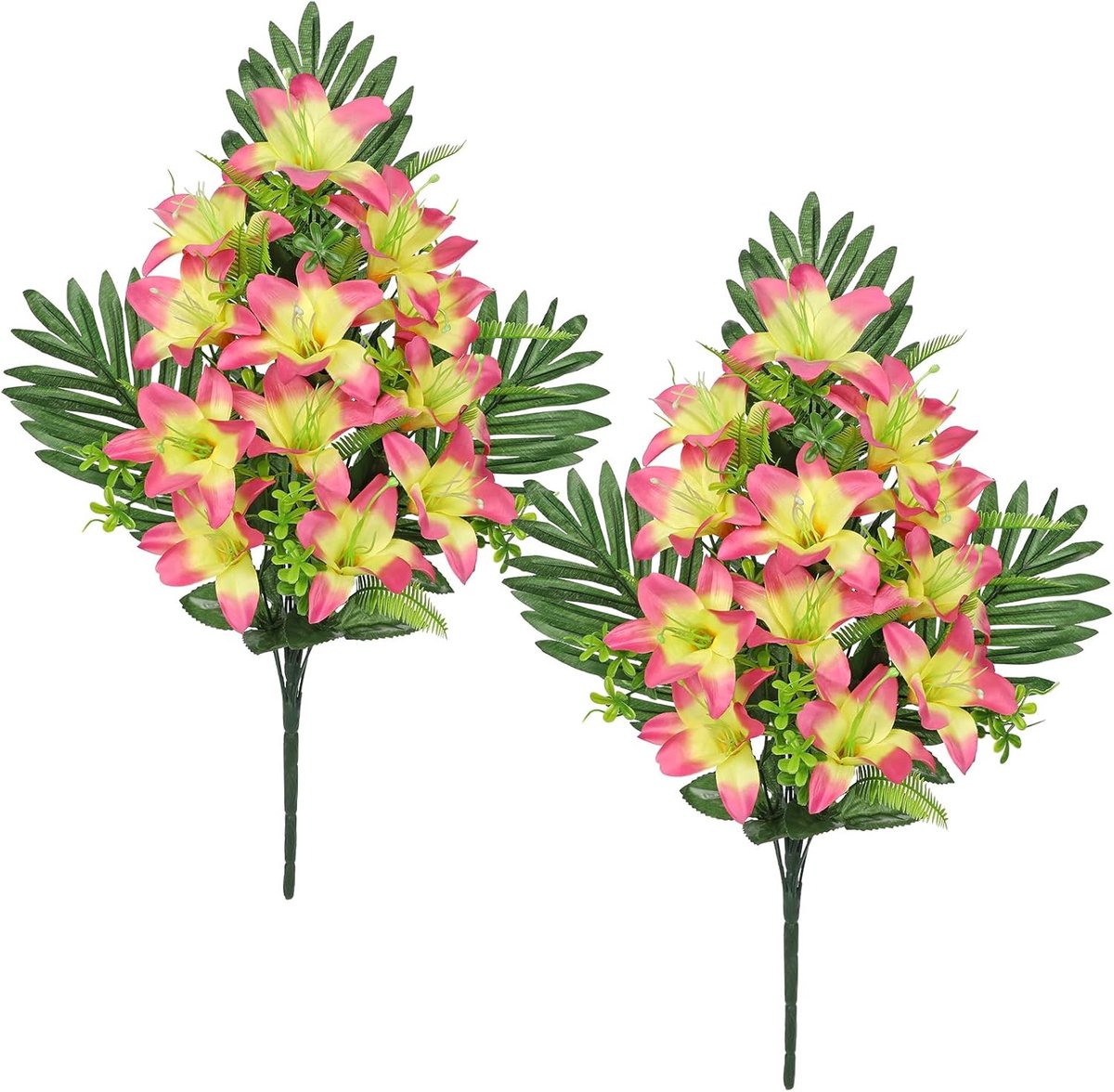 Kunstbloemen voor Graf Geel Roze Kunstlelies Bloemen Boeket Nep Lelie Bloemen Memorial Bloemen voor Flora Begraafplaats Arrangement Graf Decoratie