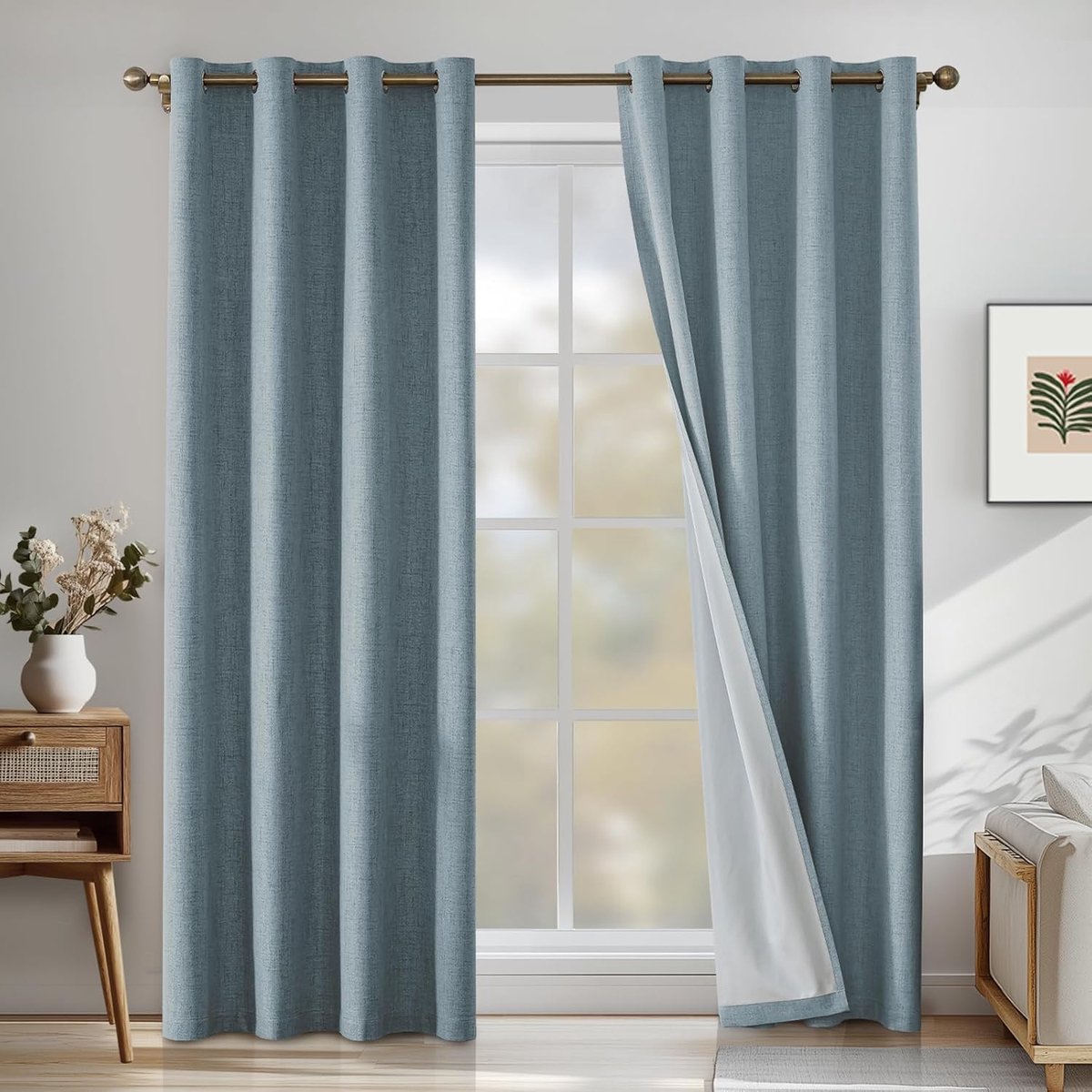 100% Verduisterend Linnen Effect Gordijnen Set Van 2, 140x300cm, Ondoorzichtig Warmte-Isolerende Thermische Gordijnen Met Ringen, Geluidsbescherming, Voor Slaapkamer Woonkamer, Zwart