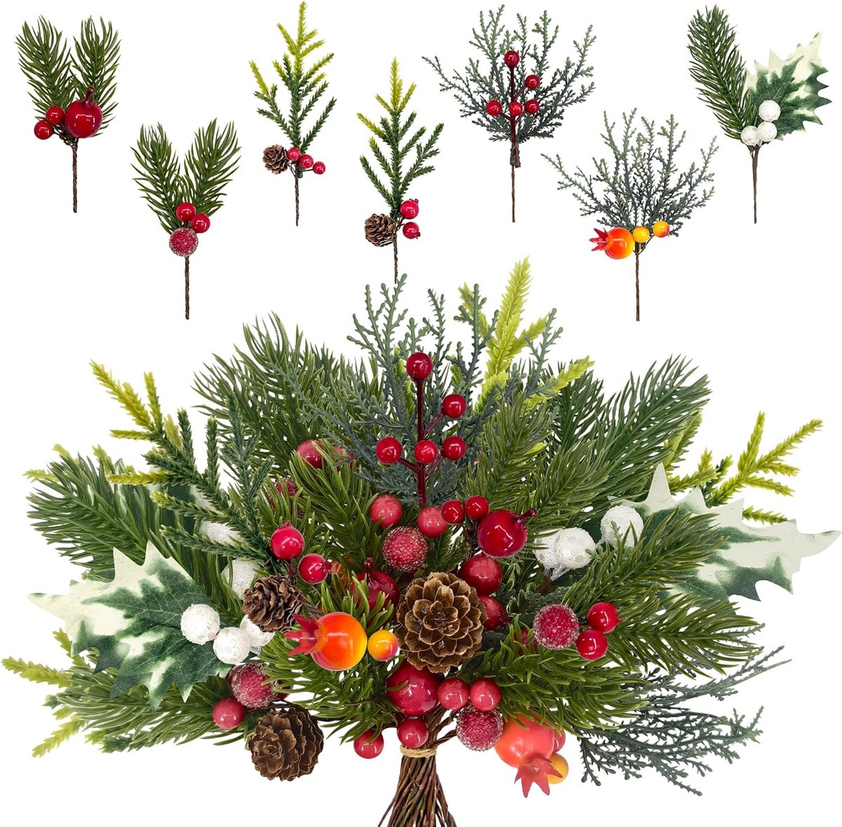 Kunstdennentakken met dennenappels, rode bessen, dennentakken, decoratie, Kerstmis, strooidecoratie, kunsttakken voor doe-het-zelf adventskrans (rode bessengroen)