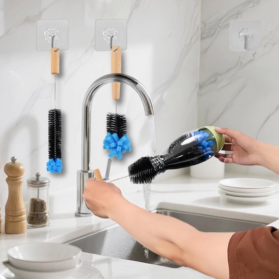 Flessenborstel met ergonomische handgreep, 35 cm, zwart-blauw, voor glazen en plastic flessen — afbeelding 4