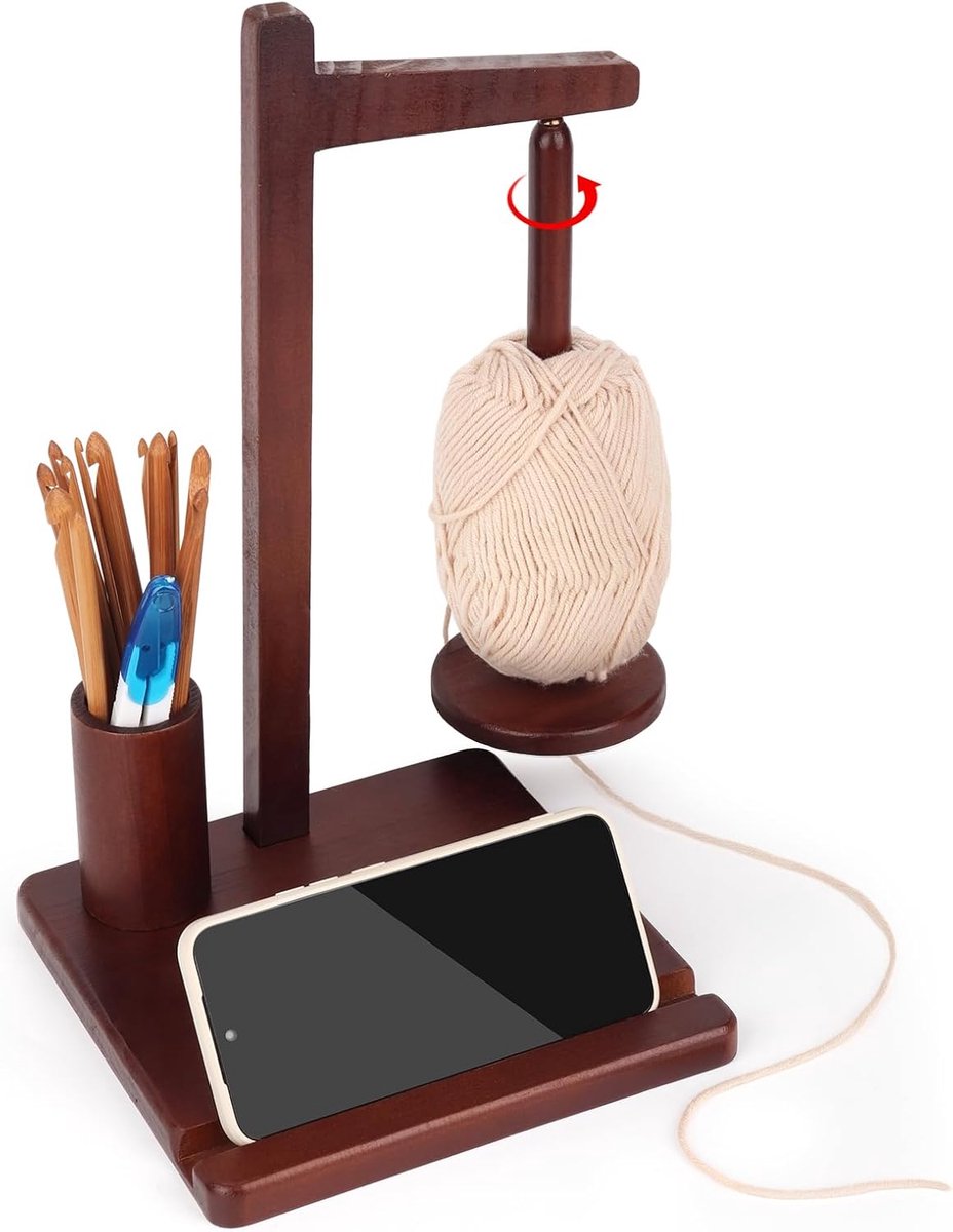 Garenhouder, magnetisch, houten garenhouder om te haken, haakgarenhouder, spinner, grote wolhouders bij het haken en breien, magnetische garenbalhouder met opbergruimte en telefoonstandaard