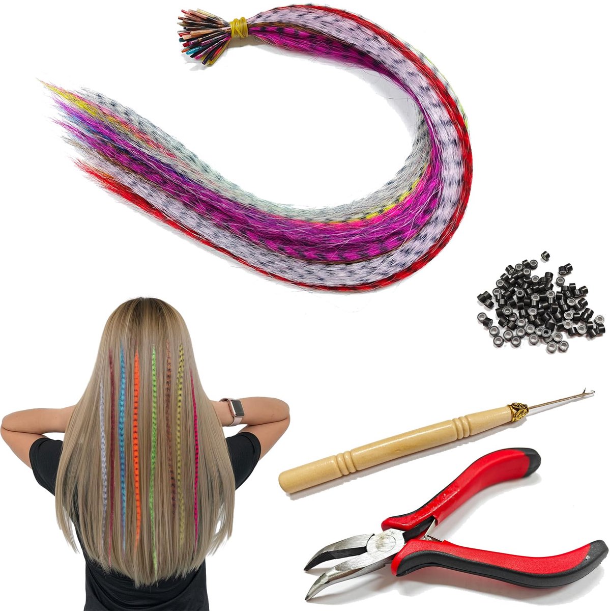 Haarverlengingsset, regenboogkleurige clip in synthetisch haar voor feest, 65 stuks kleurrijke haarstukken met 100 kralen, tangen en haak voor meisjes, vrouwen