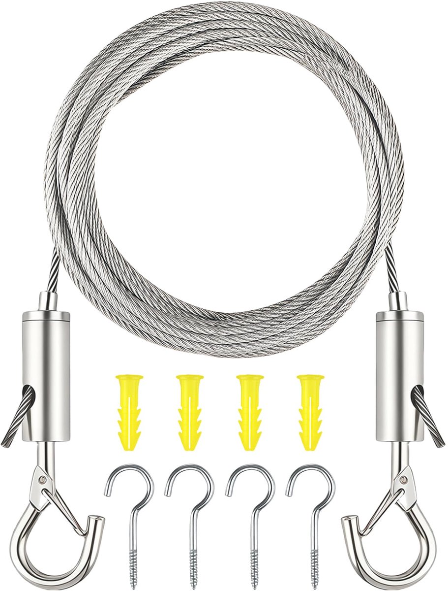 Draadkabel van roestvrij staal, set van 5 m, 2 mm roestvrij staal, met in lengte verstelbare haken, draadkabel met 2 haken en 4 schroeven, roestvrijstalen kabel voor gordijntouw, waslijn
