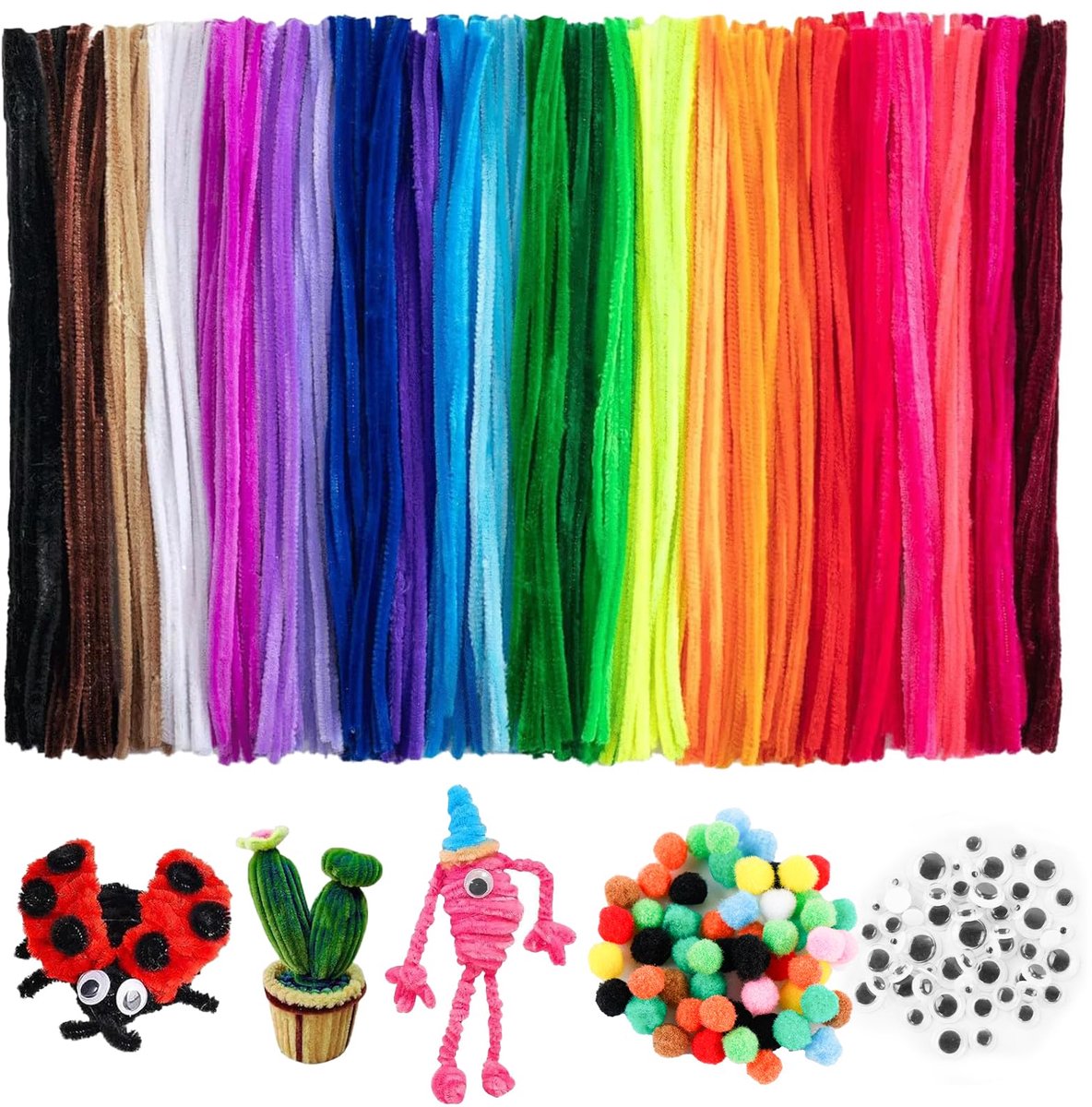 560 stuks pijpenrassers om te knutselen, 20 kleuren, 400 chenilledraad, kleurrijk, pijpenrager accessoires, pluche ballen en ogen, 160 pijpenrager