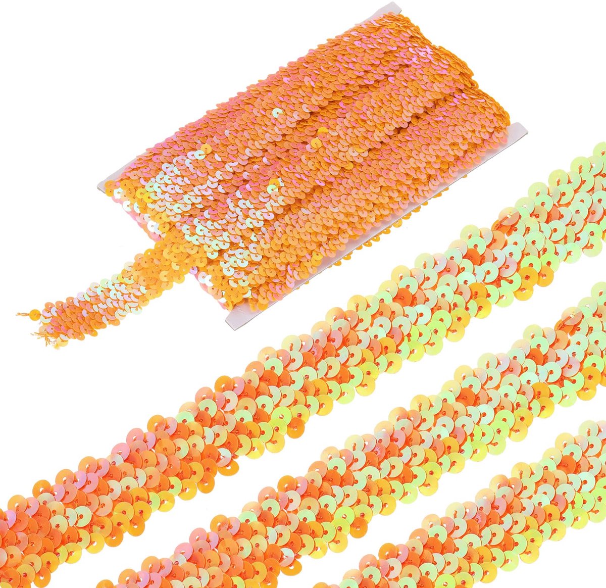 Paillettenlint van 11 meter en 3 rijen platte pailletten van 3,5 cm, paillettenband van stof voor handwerk, doe-het-zelf naaien, kleur oranje